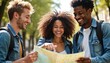 © Maryna - Diverse young friends laugh while consulting a travel map outdoors. They wear denim jackets and backpacks, suggesting a fun city exploration or vacation adventure. People planning trip together.