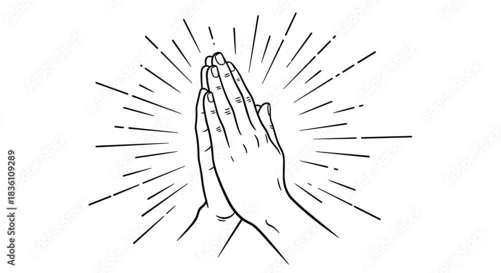 A stylized illustration of praying hands surrounded by radiating light ...