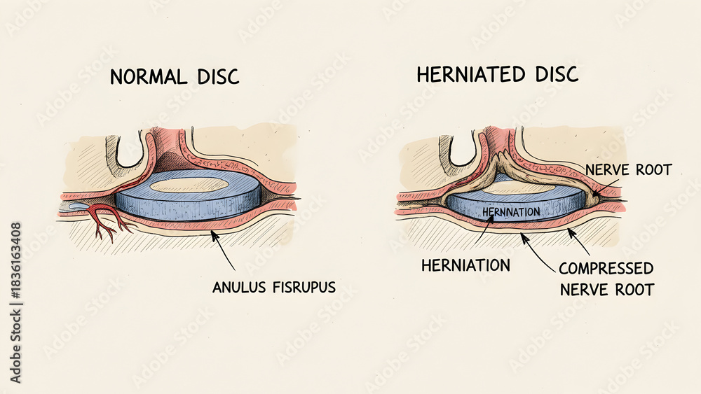 Hand-drawn vector schematic comparing a normal spinal disc and a ...