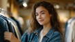© Tania - A stylish young shopper browsing racks in a curated second-hand boutique, running fingers across vintage denim jackets arranged by color — sustainable fashion discovery, thrift culture, and