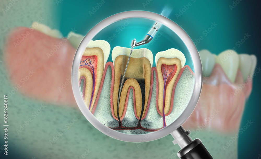 3D illustration of Endodontic root canal treatment. An advanced ...