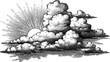 © rcf - Detailed pen and ink style illustration depicts a bright sun emerging from behind voluminous cumulus cloud formations