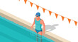© Santiago - Swimmer with goggles and cap entering pool for competitive training