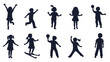 © Khansa505 - Silhouette of children playing and doing various activities, such as jumping, running, skiing, and playing with a ball.