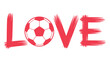 © Design Point - Red painted word love with soccer ball replacing letter o, symbolizing passion and dedication for the sport on a white background.
