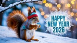 Cute squirrel in winter snow with happy new year 2026 greeting
