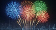 © Agung - Vibrant multicolored fireworks exploding over a futuristic digital city skyline at night, a spectacular display for a festive celebration