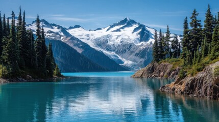 Naklejka na meble Majestic mountains rise in the background while a clear turquoise lake reflects the sky. Tall evergreen trees frame the tranquil scene creating a peaceful atmosphere on a sunny day.
