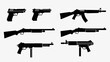 © Umi - Silhouette illustration of various firearms, including pistols, rifles, and submachine guns.