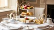 © Shanto - Elegant afternoon tea service set with tiered pastries, scones, and silver teapots in a luxurious setting