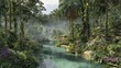 © ahmad - Lush Tropical Rainforest River Scene with Dense Vegetation and Misty Atmosphere.