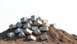 © Maryna - Pile of concrete blocks on ground. Cement debris and construction ruin. Heap of abandoned building material. Waste stones on isolated white background. Square stone demolition remains. Rough rubbish.