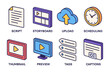 © Julie - Isometric Digital Icons Representing Video Production Workflow Script Storyboard Upload Scheduling Thumbnail Preview Tags Captions on a Black Background