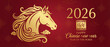 © Leo Nasi - A 2026 vector banner with a golden horse on red, symbolizing the Chinese zodiac. An Asian greeting for the new lunar year of the horse, a traditional festival in China, holiday, event, and horoscope.