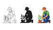 © Hussain - Gardener planting a small seedling in a pot, shown as line art, silhouette and full color illustration