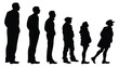 © LAXMI - Vector illustration silhouette profile view of six diverse human figure shapes standing in a line showing gradual height difference