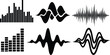 © OKAN - Flat design black waveform and equalizer icon set showing six distinct audio wave shapes in horizontal layout for media apps podcast branding and interface modern minimal