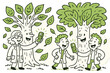 © Olha - Whimsical Tree Recording. Fun doodle illustration of happy researchers collecting wisdom from talking trees using magical