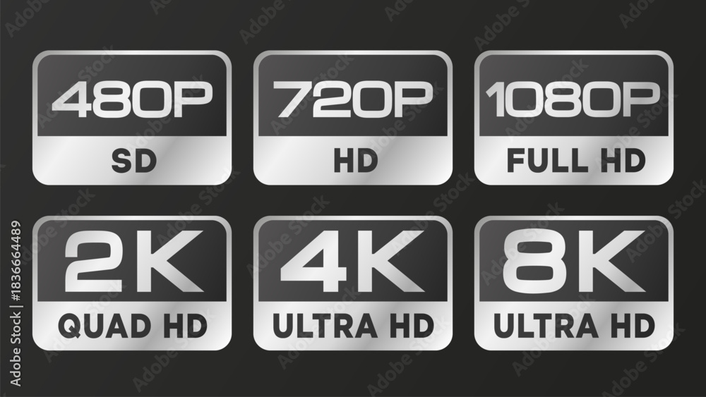 Silver metallic resolution icon set including 480p, 720p, 1080p, 2K, 4K ...