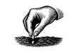 © Bogdan - A hand sows a seed into the ground in a vintage engraving style — stock vector.