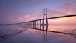 © Ramli - Long cable-stayed bridge spans calm water at sunrise, reflected perfectly