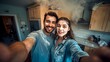 © Asawin - A joyful couple taking a selfie in a kitchen, celebrating together, creating memories and sharing moments