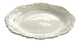 White porcelain plate featuring intricate rococo style ornamentation on its rim, a classic antique serving dish on a transparent background