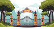 © Ripon - Ornate entrance gate to a zoo with a sign, set against a backdrop of lush green trees and a forest.