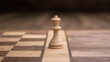© Small - gambit. A single chess piece on a wooden board, connecting two sides in a minimalist game. tutorial guides, club newsletters, designed for tourism and weekend activity guides.