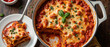 © NARUMOL - Delicious lasagna with layers of pasta, rich tomato sauce, and melted cheese, garnished with fresh basil, perfect for comforting meal