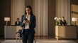 © Cahya - Businesswoman checking phone at hotel reception, business and travel