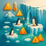 A glacier cliff with layered ice shelves melts into rising turquoise water while penguins stand on shrinking platforms. Floating hazard symbols, warming indicators, and drifting ice fragments