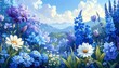 © Tri - A picturesque field brimming with blue and white flowers set against a backdrop of distant mountains and sunny skies