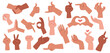 © tynyuk - Set of various hands showing various gestures, including approval, pointing, shaking hands, victory, cool, love, and more. Vector illustration