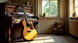 © yut - Acoustic guitar resting against an antique upright piano in a sunlit room with hardwood floors and vintage decor