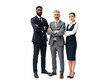 © mamo studios - Confident and diverse business team of three corporate professionals in stylish suits, standing with arms crossed, exuding leadership and success, isolated on transparent background.