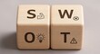 © QuiinL - Two wooden cubes with letters S, W, O, T and icons representing strengths, weaknesses, opportunities, and threats.