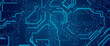 © ec0de - Blue Circuit Board Digital Electronics Background. Artificial Intelligence AI Microchip CPU Technology Backdrop Pattern. Computer Motherboard Vector Illustration.