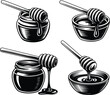 © Majnur - Detailed black vector set of vintage honey jars and bowl with wooden dippers, symbolizing organic food, sweet natural liquid, and health products