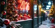© antishock - Festive storefront display. Bright lights, gifts, tree, snow create cozy winter scene. Neon sign shows year 2026.