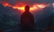 © Shohel - Woman meditating on mountain peak at sunset, vibrant sky over alpine landscape