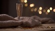 © LU - dcf. A champagne flute with golden bubbles on a wooden table beside a cozy blanket and festive confetti. bar promotions, beverage menus, designed for food & beverage menus and cafe branding.