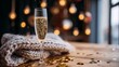 © LU - dcf. A champagne flute with golden bubbles on a wooden table beside a cozy blanket and festive confetti. bar promotions, beverage menus, designed for food & beverage menus and cafe branding.