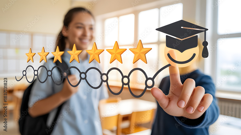 Academic success journey with gold star progression and graduation cap ...