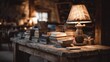 © Plaifah - Cozy rustic reading nook with stacked books and warm lamp light in a charming cabin atmosphere, evoking comfort and nostalgia for literature lovers