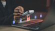 © The KonG - Cybersecurity and digital protection in cyberspace. Using smartphone and laptop with lock icons, Privacy risks, data security, firewall defense, and secure access in digital environments.