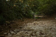 © Ksu - A dry riverbed surrounded by lush green vegetation. The rocky terrain is visible, with scattered stones and a narrow waterway in the background.