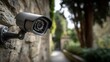 © Graph Studio - Security Camera Surveillance: A sleek, modern security camera, mounted on a textured stone wall, watches over a serene outdoor scene, subtly ensuring safety and peace of mind.