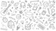 © CHOICE20 - School and Education Doodle Pattern – Hand-Drawn Line Art Icons of Learning, Music, Sports, Science, Mathematics, Art Tools, and Classroom Elements in a Fun Outline Style