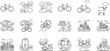 © Akaza - 'Eco friendly transportation and sustainability icons featuring bicycles electric cars green energy cityscape renewable power nature conservation and clean environment line art illustration set'
